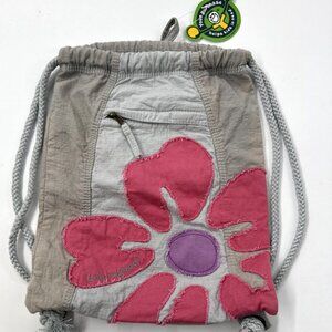 Life is Good Drawstring Cinch Sack Backpack Bag Appliqué Flower Zip Pockets NEW